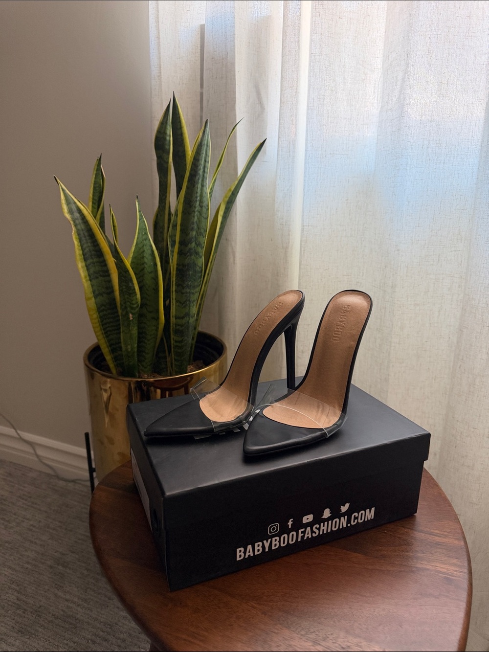 Pointed Black Mule Heels with Clear Strap - Women